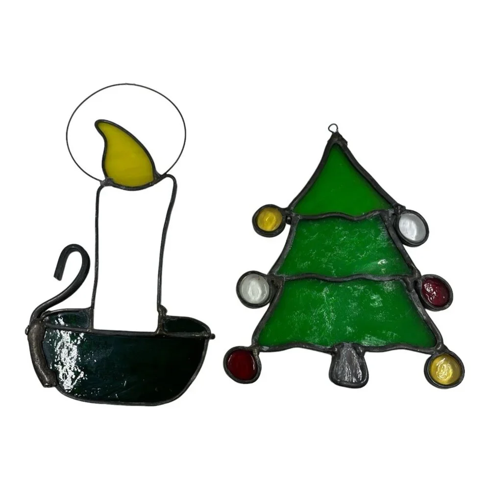Vintage Stained‎ Glass Christmas Tree & Candle Window Hangers 6.5